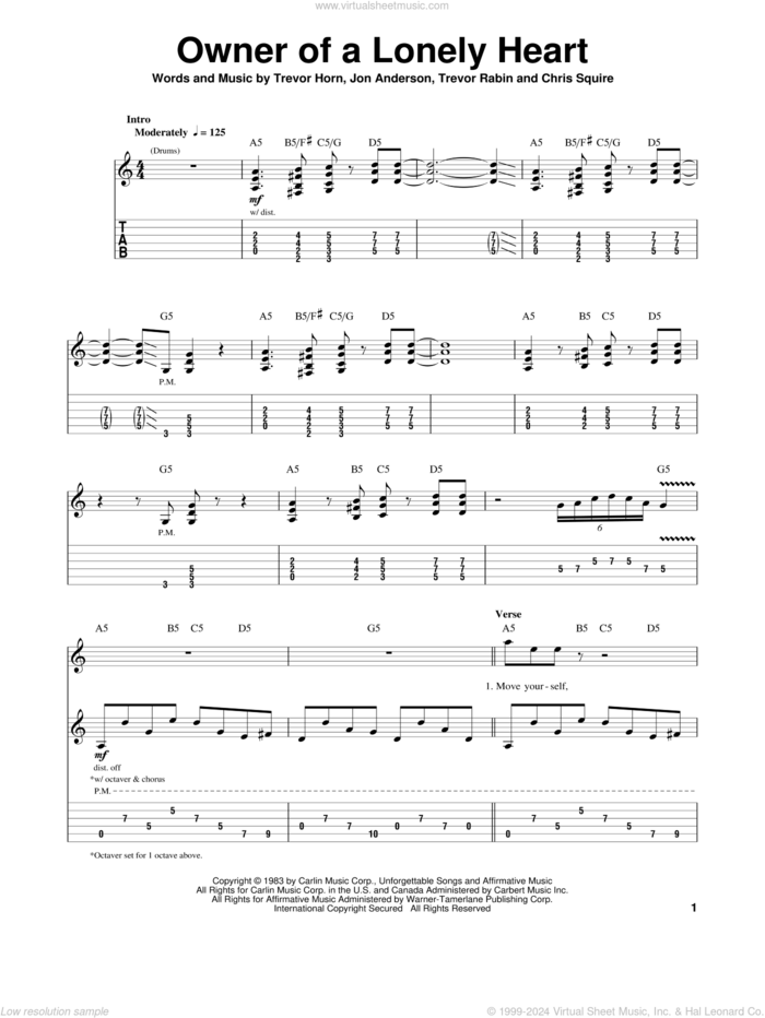 Owner Of A Lonely Heart sheet music for guitar (tablature, play-along) by Yes, Chris Squire, Jon Anderson, Trevor Horn and Trevor Rabin, intermediate skill level