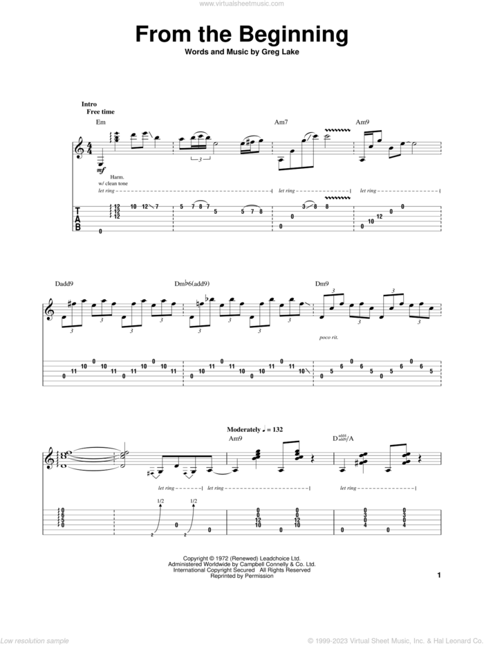 From The Beginning sheet music for guitar (tablature, play-along) by Emerson, Lake & Palmer and Greg Lake, intermediate skill level