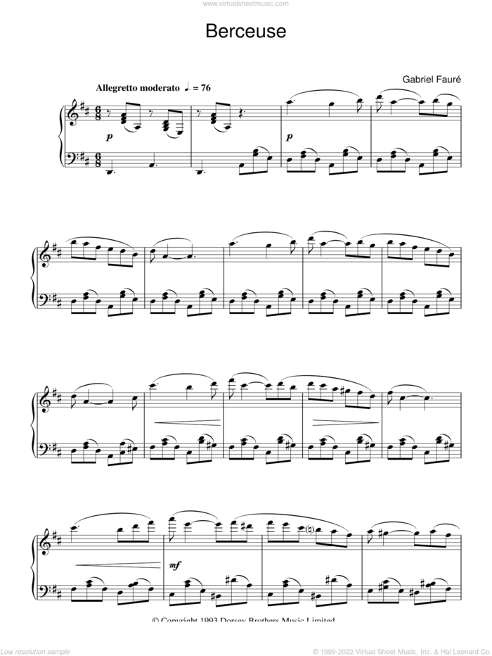 Berceuse, (intermediate) sheet music for piano solo by Gabriel Faure, classical score, intermediate skill level