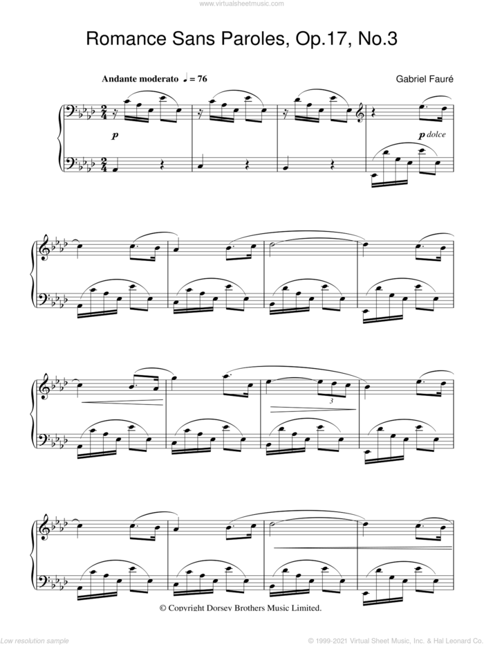 Romance Sans Paroles Op. 17, No. 3 sheet music for piano solo by Gabriel Faure, classical score, intermediate skill level