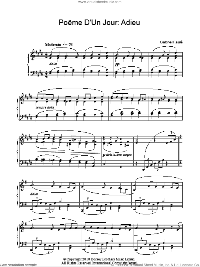 Poeme D'un Jour, Op. 21 sheet music for piano solo by Gabriel Faure and Charles Grandmougin, classical score, intermediate skill level