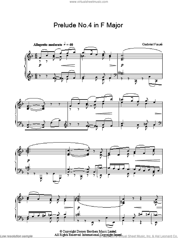 Prelude No. 4 In F sheet music for piano solo by Gabriel Faure, classical score, intermediate skill level