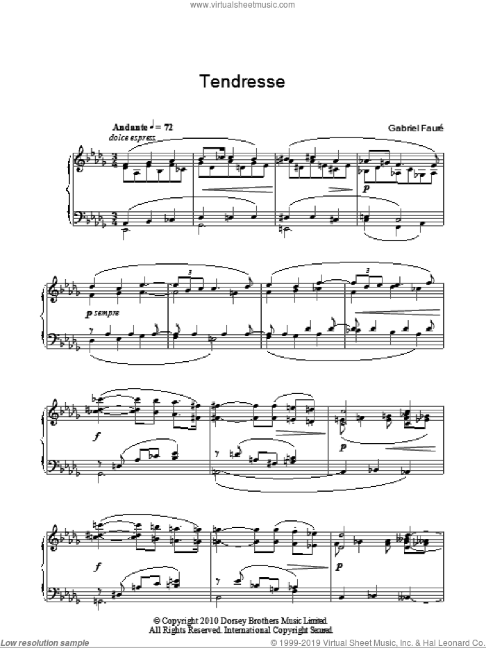Tendresse sheet music for piano solo by Gabriel Faure, classical score, intermediate skill level