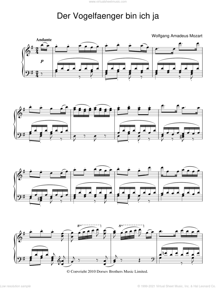 Der Vogelfanger Bin Ich Ja sheet music for piano solo by Wolfgang Amadeus Mozart, classical score, intermediate skill level