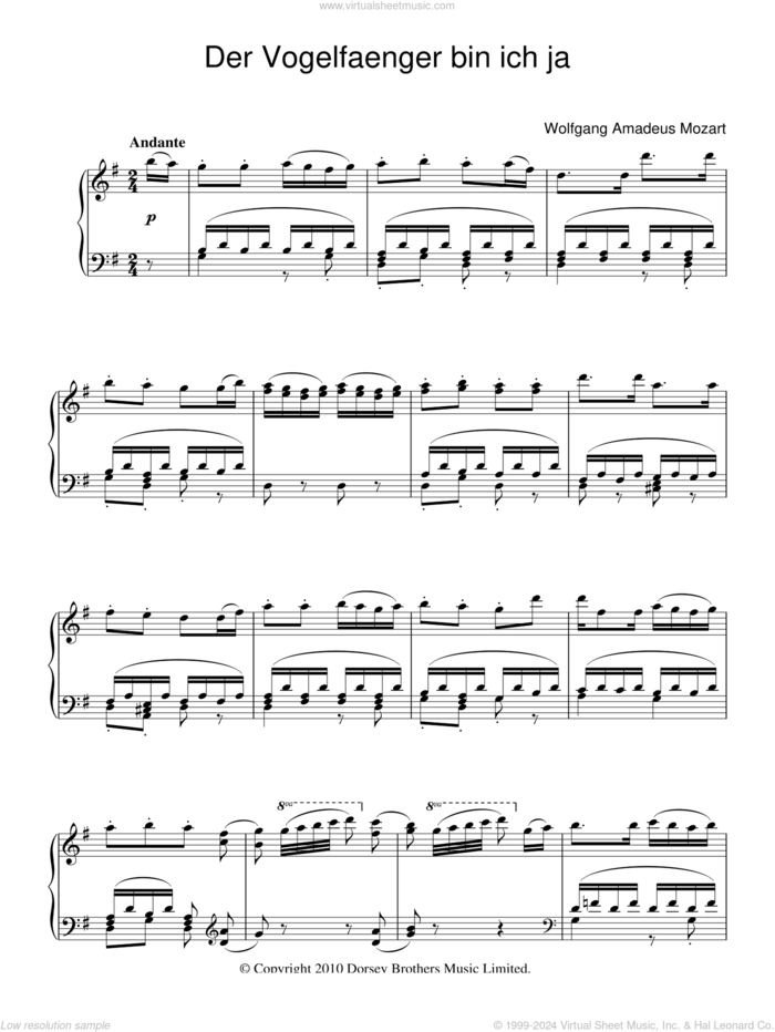 Der Vogelfanger Bin Ich Ja sheet music for piano solo by Wolfgang Amadeus Mozart, classical score, intermediate skill level