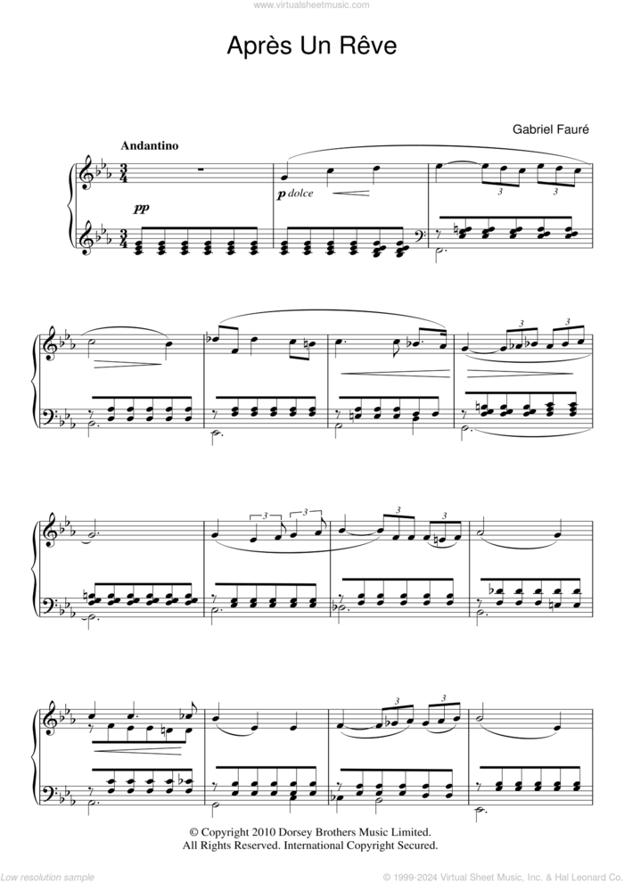 Apres Un Reve, Op.7, No.1 sheet music for piano solo by Gabriel Faure, classical score, intermediate skill level