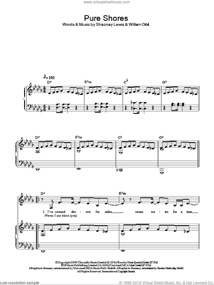 Pure Shores sheet music for piano solo by All Saints, Shaznay Lewis and William Orbit, easy skill level