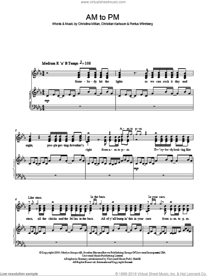 AM To PM sheet music for piano solo by Christina Milian, Christian Karlsson and Pontus Winnberg, easy skill level