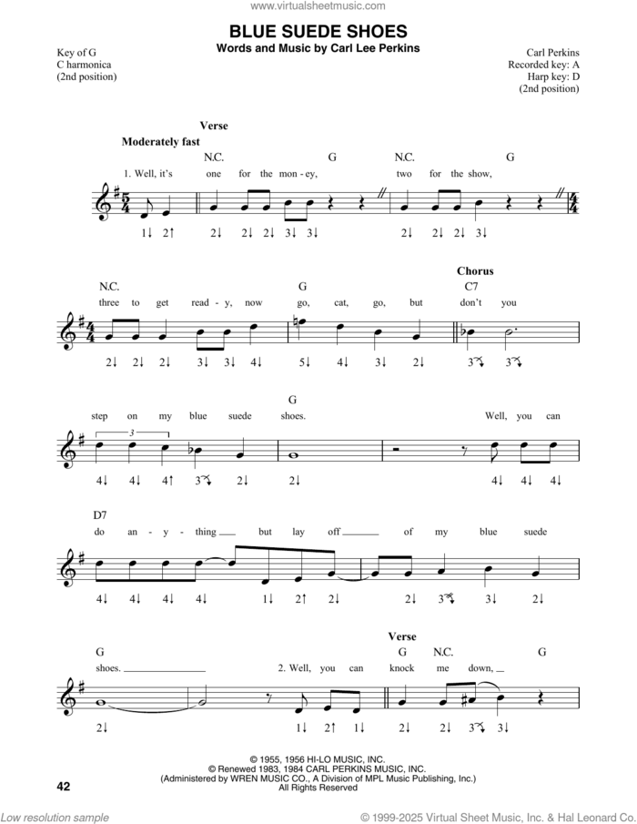 Blue Suede Shoes sheet music for harmonica solo by Carl Perkins, intermediate skill level