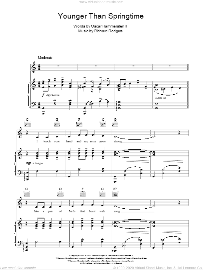 Younger Than Springtime sheet music for voice, piano or guitar by Rodgers & Hammerstein, Oscar II Hammerstein and Richard Rodgers, intermediate skill level