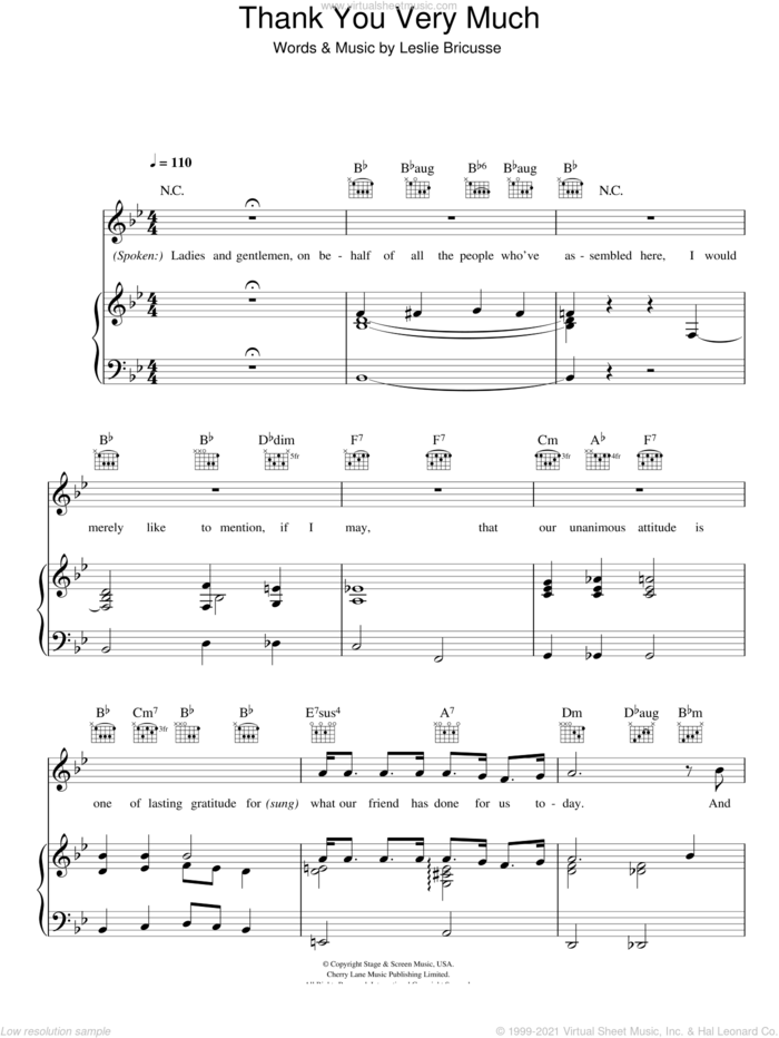 Thank You Very Much sheet music for voice, piano or guitar by Leslie Bricusse, intermediate skill level