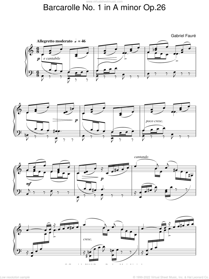 Barcarolle No. 1 In A Minor, Op. 26 sheet music for piano solo by Gabriel Faure, classical score, intermediate skill level