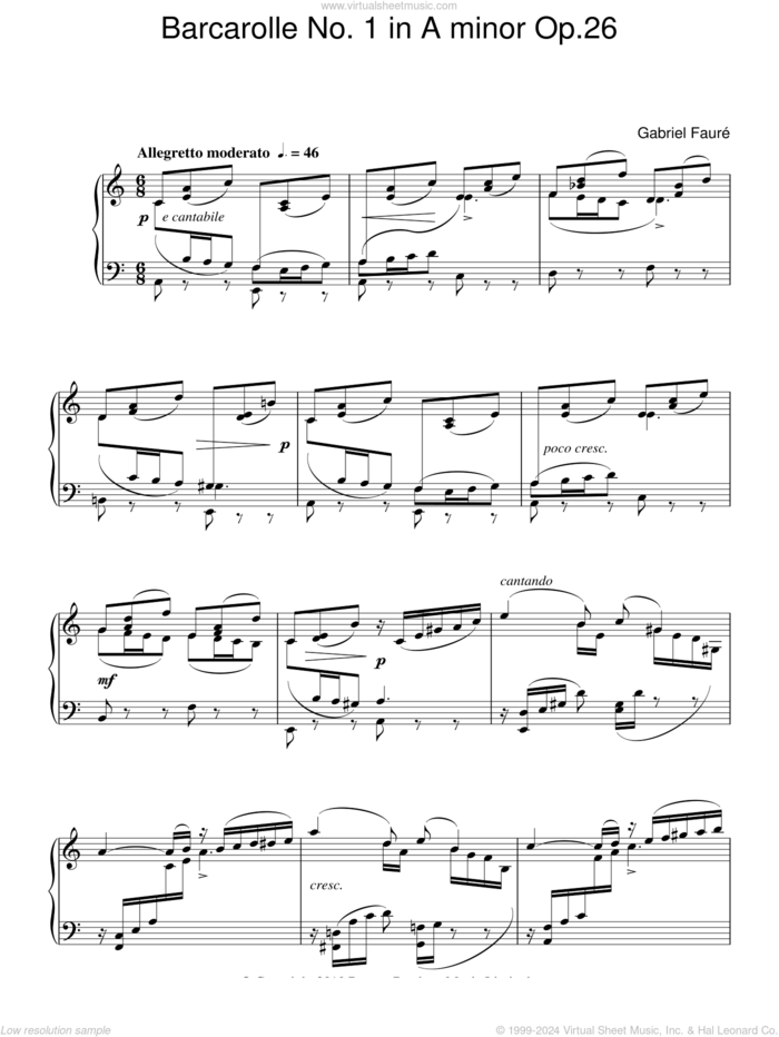 Barcarolle No. 1 In A Minor, Op. 26 sheet music for piano solo by Gabriel Faure, classical score, intermediate skill level