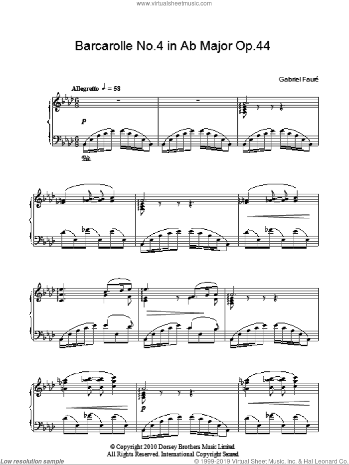 Barcarolle No. 4 In A Flat Major, Op. 44 sheet music for piano solo by Gabriel Faure, classical score, intermediate skill level