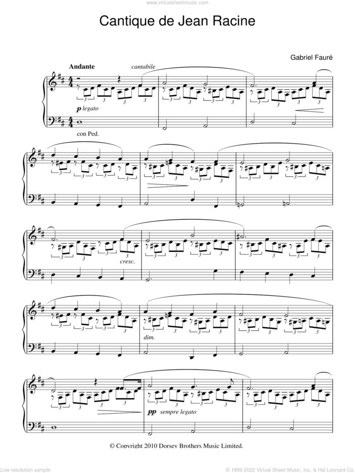 Cantique De Jean Racine sheet music for piano solo by Gabriel Faure and Jean Baptiste Racine, classical score, intermediate skill level