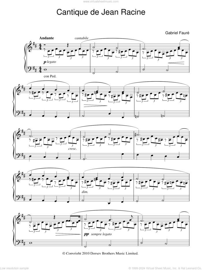 Cantique De Jean Racine sheet music for piano solo by Gabriel Faure and Jean Baptiste Racine, classical score, intermediate skill level