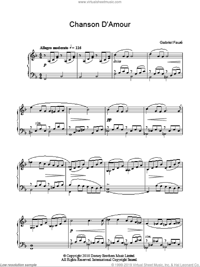 Chanson D'Amour sheet music for piano solo by Gabriel Faure and Armand Paul Silvestre, classical score, intermediate skill level
