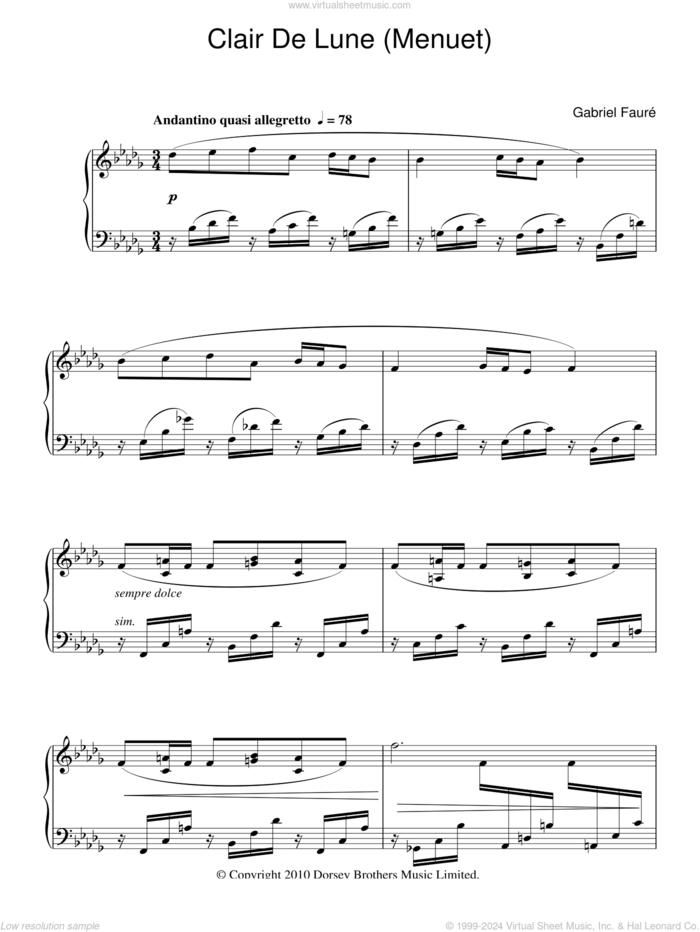 Minuet From Clair De Lune sheet music for piano solo by Gabriel Faure, classical score, intermediate skill level