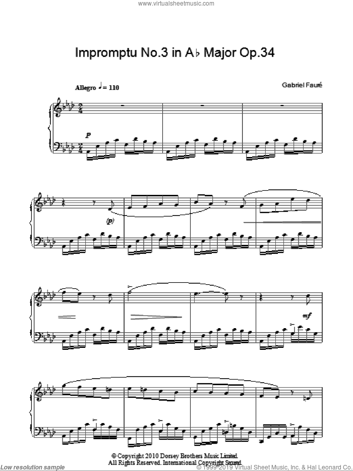 Impromptu No. 3 In A Flat sheet music for piano solo by Gabriel Faure, classical score, intermediate skill level