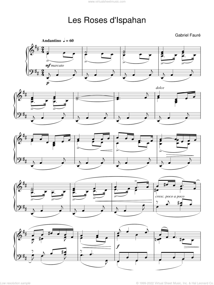 Les Roses D'Ispahan sheet music for piano solo by Gabriel Faure, classical score, intermediate skill level