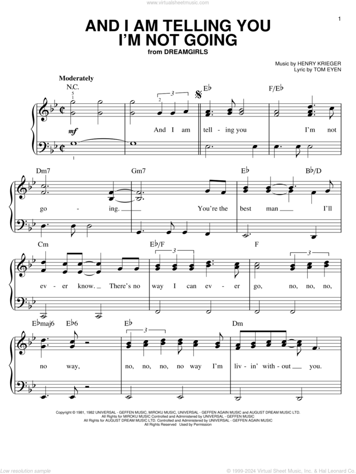 And I Am Telling You I'm Not Going sheet music for piano solo by Henry Krieger, Dreamgirls (Musical), Jennifer Holliday, Jennifer Hudson, Miscellaneous and Tom Eyen, easy skill level