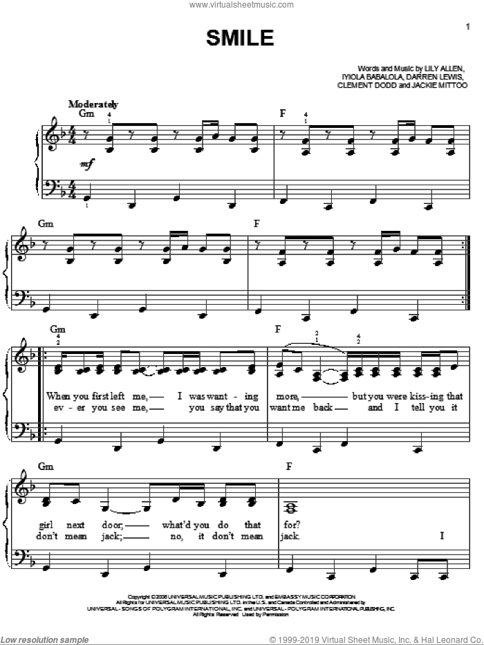 Smile sheet music for piano solo by Lily Allen, Miscellaneous, Clement Dodd, Darren Lewis, Iyiola Bablola and Jackie Mittoo, easy skill level