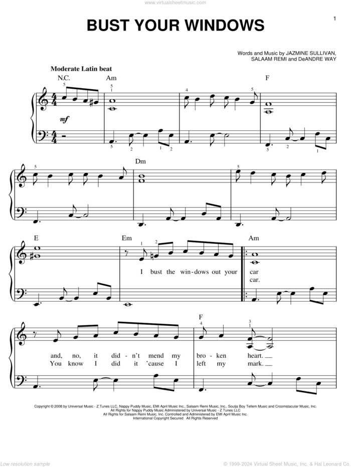 Bust Your Windows sheet music for piano solo by Jazmine Sullivan, Miscellaneous, Deandre Way and Salaam Remi, easy skill level