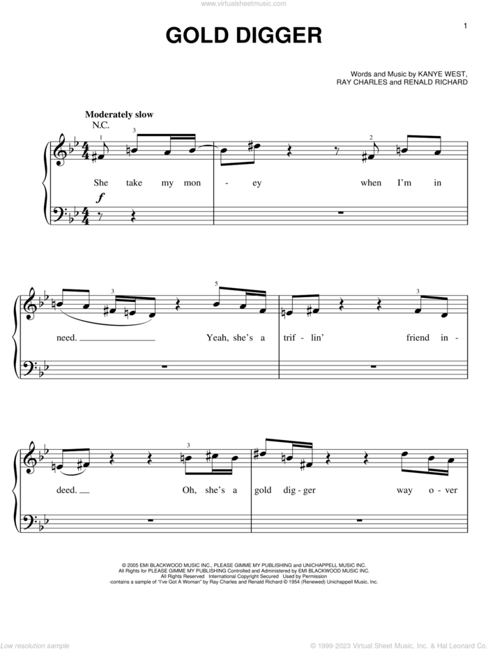 Gold Digger sheet music for piano solo by Kanye West, Miscellaneous, Ray Charles and Renald Richard, easy skill level