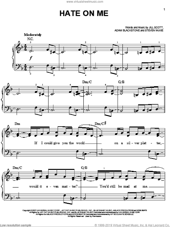 Hate On Me sheet music for piano solo by Glee Cast, Miscellaneous, Adam Blackstone, Jill Scott and Steven McKie, easy skill level