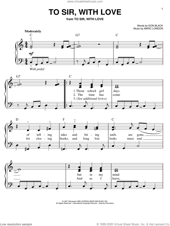To Sir, With Love sheet music for piano solo by Lulu, Miscellaneous, Don Black and Marc London, easy skill level