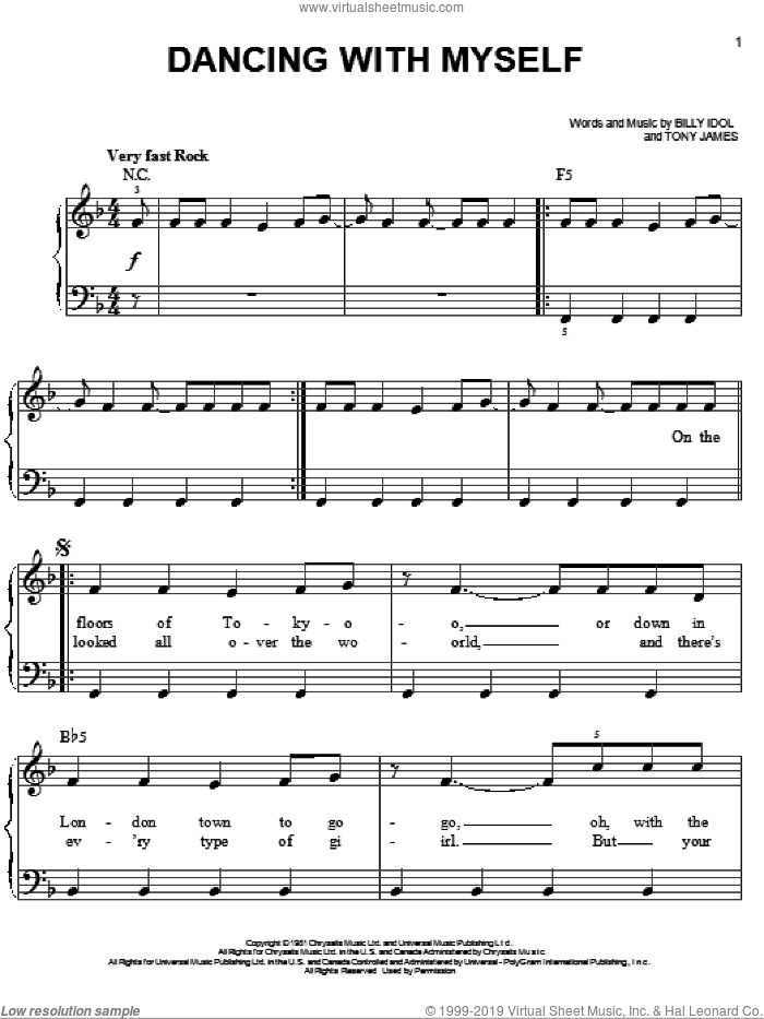 Dancing With Myself sheet music for piano solo by Billy Idol, Miscellaneous and Tony James, easy skill level