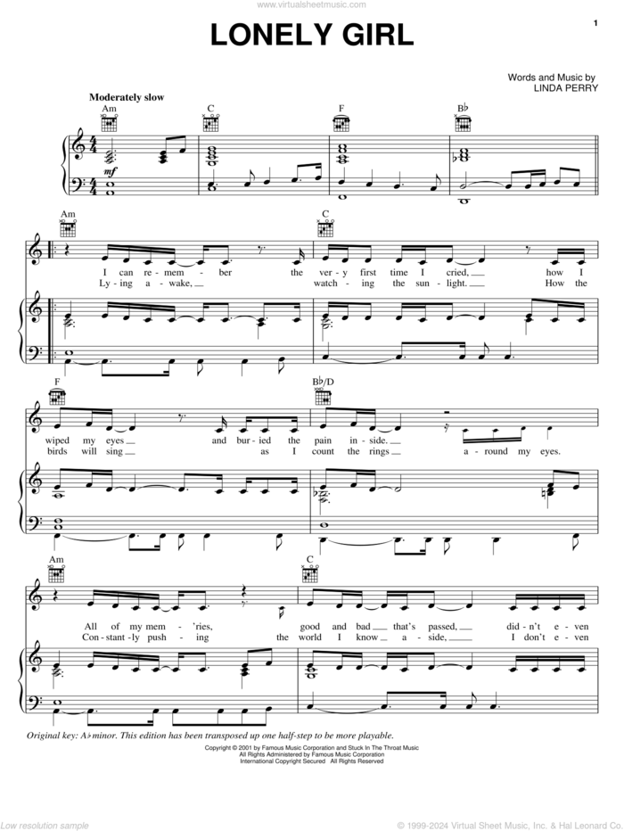 Lonely Girl sheet music for voice, piano or guitar by P!nk, Miscellaneous and Linda Perry, intermediate skill level