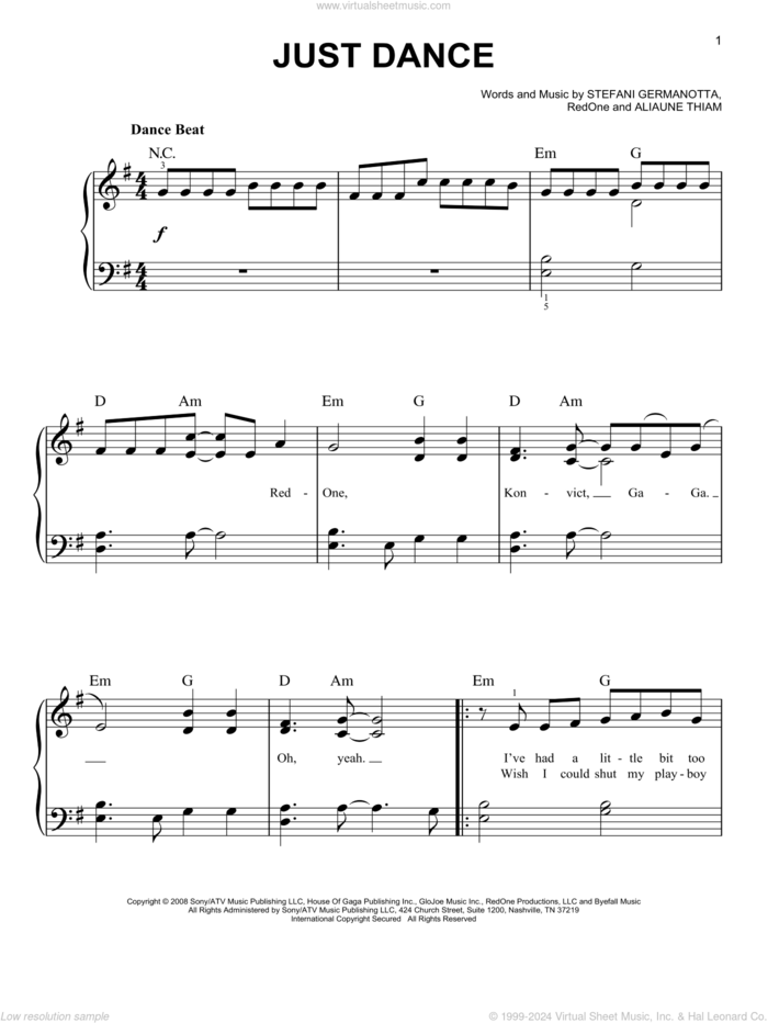 Just Dance sheet music for piano solo by Lady GaGa, Aliaune Thiam and RedOne, easy skill level