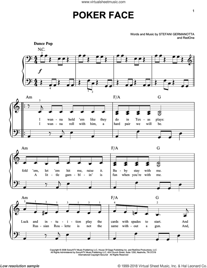 Poker Face, (easy) sheet music for piano solo by Lady GaGa and RedOne, easy skill level