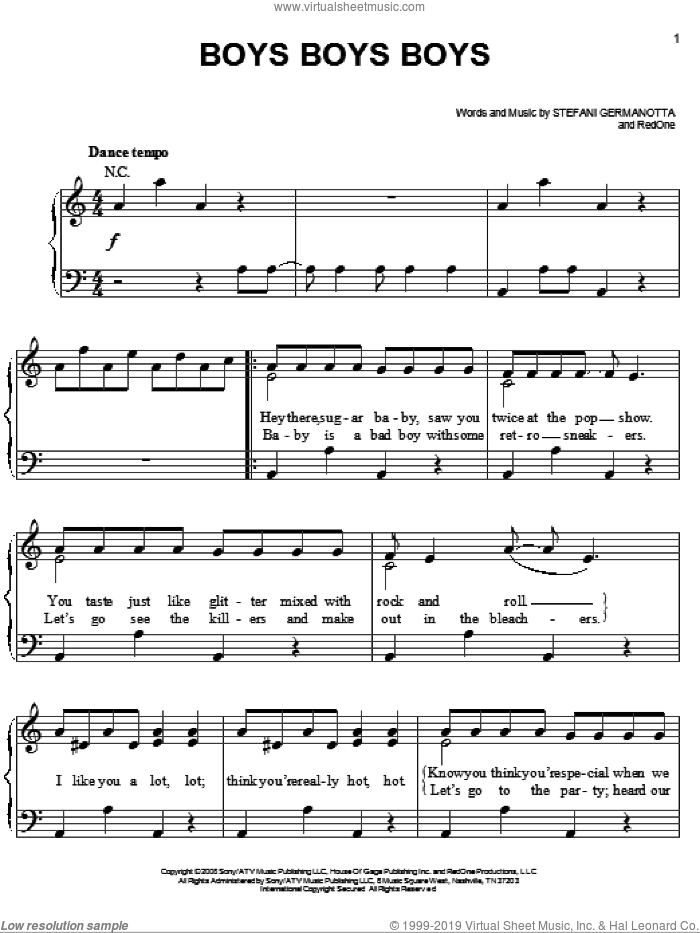 Boys Boys Boys sheet music for piano solo by Lady GaGa and RedOne, easy skill level