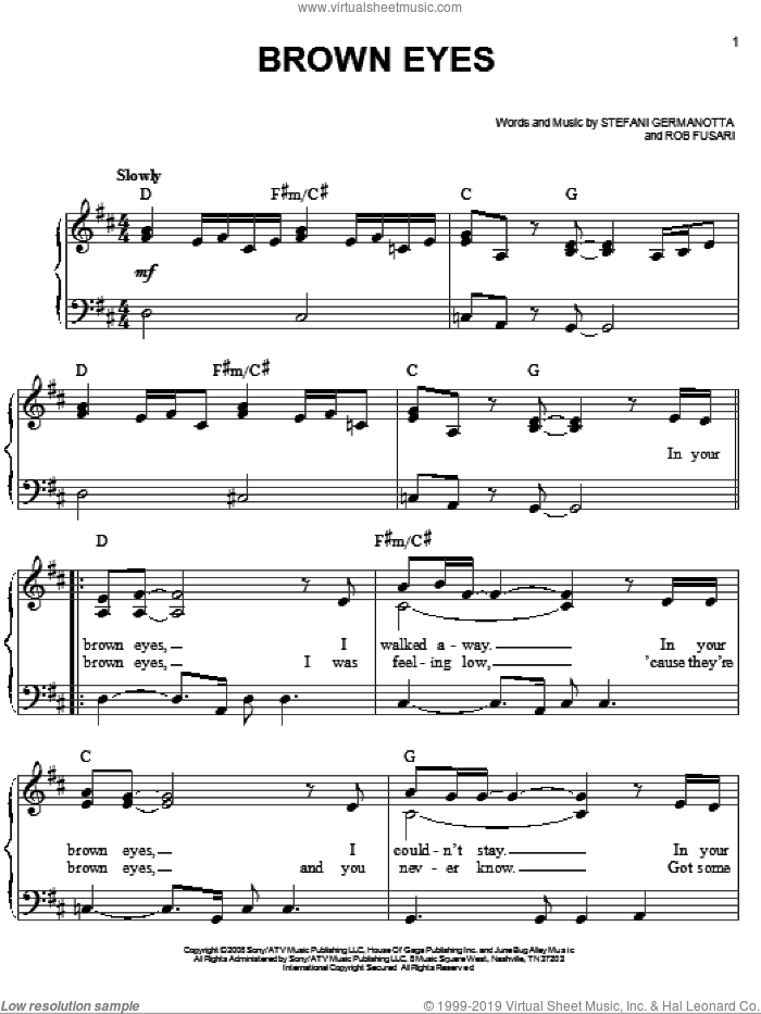 Brown Eyes sheet music for piano solo by Lady GaGa and Rob Fusari, easy skill level