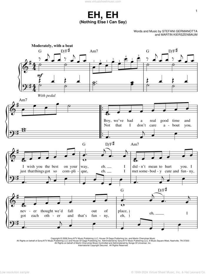 Eh, Eh (Nothing Else I Can Say) sheet music for piano solo by Lady GaGa and Martin Kierszenbaum, easy skill level