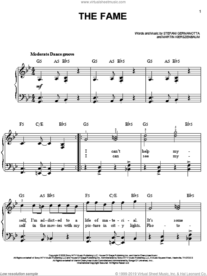 The Fame sheet music for piano solo by Lady GaGa and Martin Kierszenbaum, easy skill level