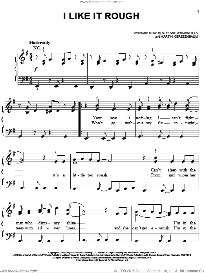 I Like It Rough sheet music for piano solo by Lady GaGa and Martin Kierszenbaum, easy skill level