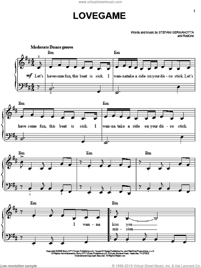 Lovegame sheet music for piano solo by Lady GaGa and RedOne, easy skill level