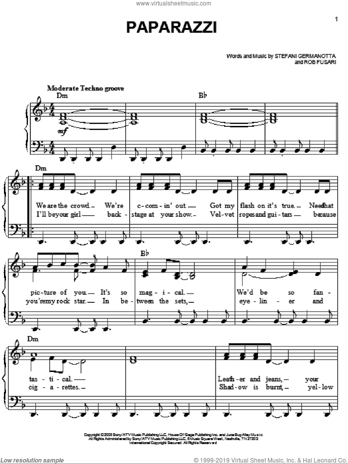 Paparazzi sheet music for piano solo by Lady GaGa and Rob Fusari, easy skill level
