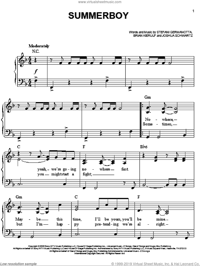 Summerboy sheet music for piano solo by Lady GaGa, Brian Kierulf and Joshua Schwartz, easy skill level