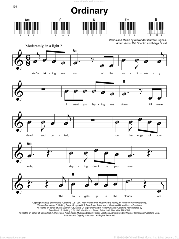 Ordinary sheet music for piano solo by Alex Warren, Adam Yaron, Alexander Warren Hughes, Cal Shapiro and Maggie Chapman, beginner skill level