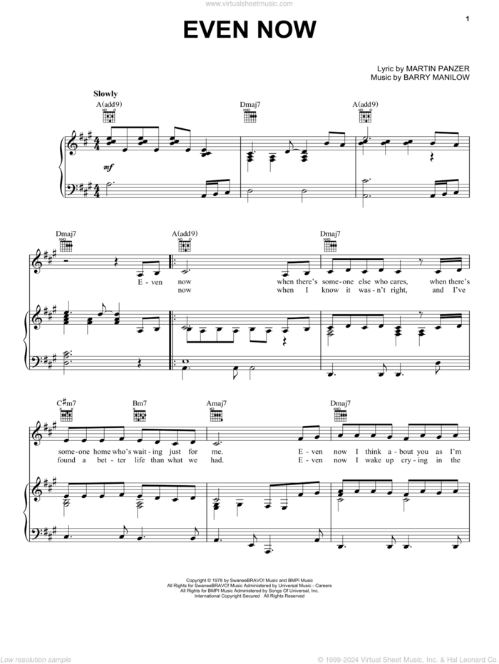 Even Now sheet music for voice, piano or guitar by Barry Manilow and Marty Panzer, intermediate skill level