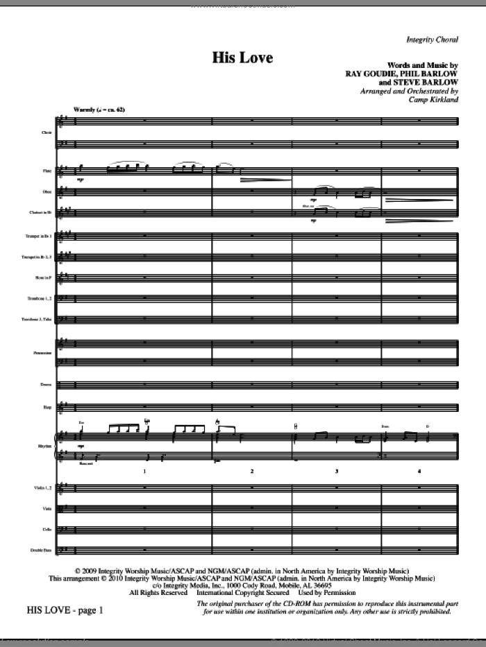 His Love (complete set of parts) sheet music for orchestra/band (Orchestra) by Camp Kirkland, Phil Barlow, Ray Goudie and Steve Barlow, intermediate skill level