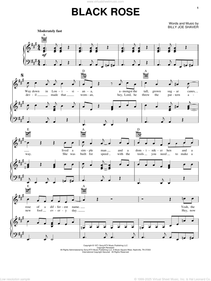 Black Rose sheet music for voice, piano or guitar by Waylon Jennings and Billy Joe Shaver, intermediate skill level