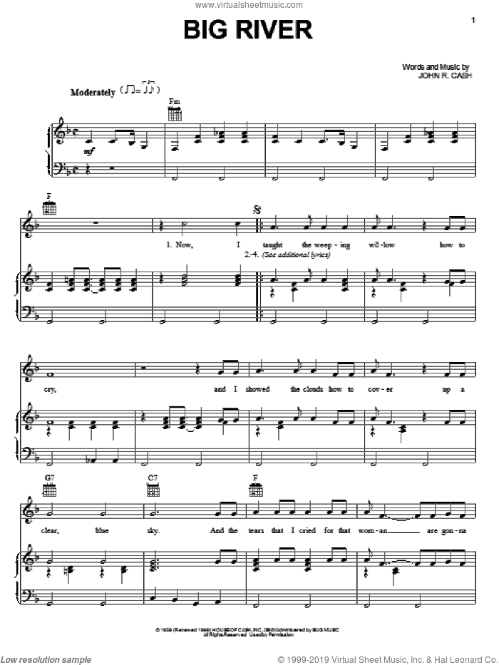Big River sheet music for voice, piano or guitar by Johnny Cash, intermediate skill level