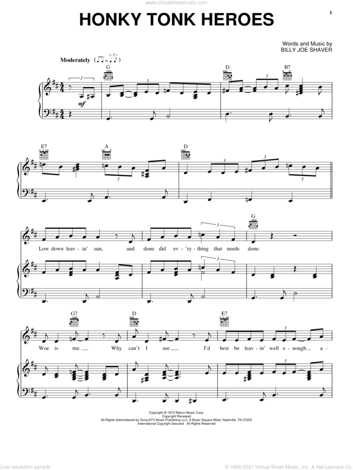 Honky Tonk Heroes sheet music for voice, piano or guitar by Waylon Jennings and Billy Joe Shaver, intermediate skill level