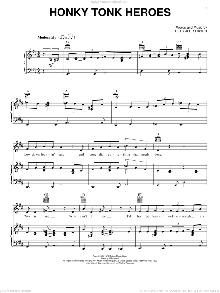 Honky Tonk Heroes sheet music for voice, piano or guitar by Waylon Jennings and Billy Joe Shaver, intermediate skill level