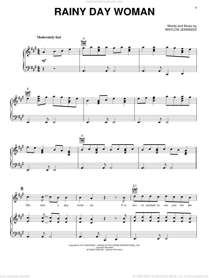 Rainy Day Woman sheet music for voice, piano or guitar by Waylon Jennings, intermediate skill level